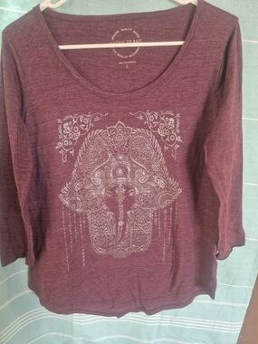 Lucky Brand Plum Long-Sleeve Scoop Neck Top with Elephant Motif